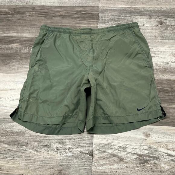 Vintage 90s Nike Olive Green Mens S Mini Swoosh Spell Out Beachy Athletic Shorts - Picture 1 of 11